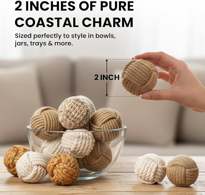 Nautical Rope Balls Decorative – 2 Inch – Set of 8 – Handmade from Jute and Cotton – for Farmhouse Bowl Fillers, Rustic Home Accents, or Table Decor – Perfect for Coastal Styling