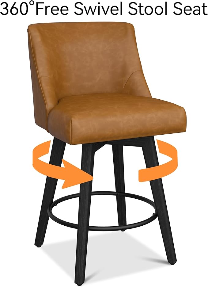 Counter Height Bar Stools Set of 8, Modern Swivel Barstools with Back and Wood Legs, Faux Leather Upholstered Bar Chairs, 26" H Kitchen Counter Stools, Kitchen Island Home Bar, Whisky Brown