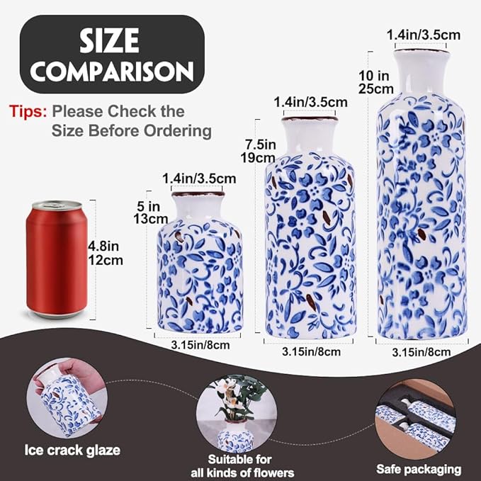 Chinoiserie Decor Ceramic Vases Set - 3 Blue and White Vase, Chinoiserie Vase Farmhouse Country, Flower Vases Home Decor, Living Room Decoration, Entrance, Fireplace, Table Decoration, Centerpieces