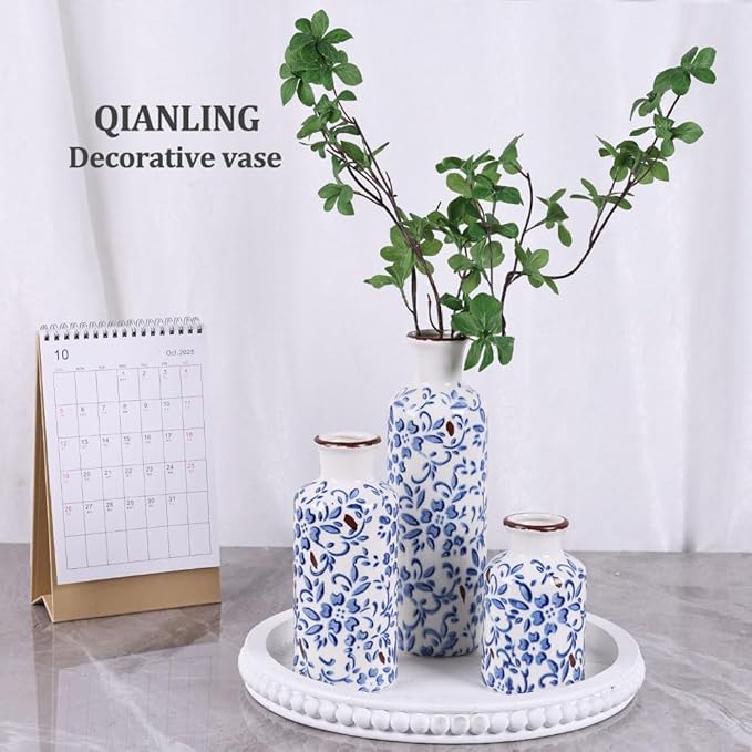 Chinoiserie Decor Ceramic Vases Set - 3 Blue and White Vase, Chinoiserie Vase Farmhouse Country, Flower Vases Home Decor, Living Room Decoration, Entrance, Fireplace, Table Decoration, Centerpieces