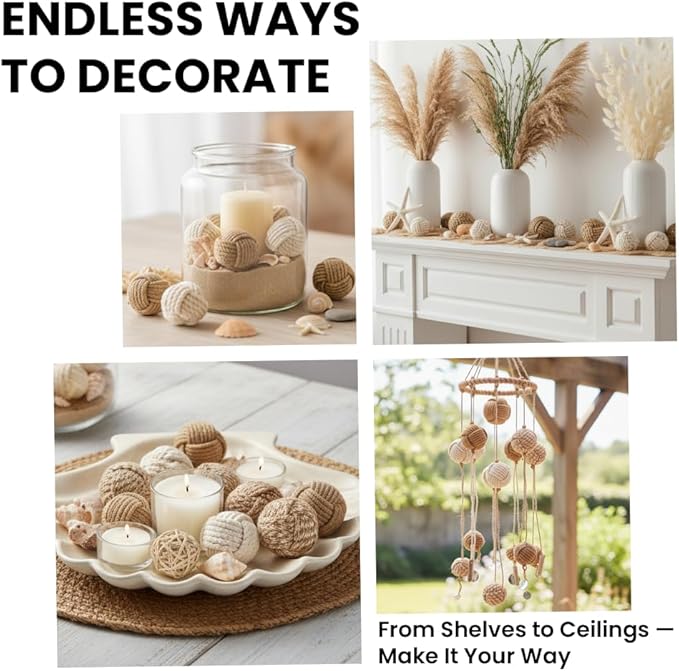 Nautical Rope Balls Decorative – 2 Inch – Set of 8 – Handmade from Jute and Cotton – for Farmhouse Bowl Fillers, Rustic Home Accents, or Table Decor – Perfect for Coastal Styling