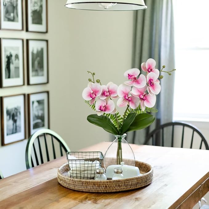 Pink Orchids Artificial Flowers, Faux Orchid in Glass Vase Real Touch Small Phalaenopsis Orchid Flowers Arrangements with Clear Vase Orchid Centerpiece for Dining Room Table