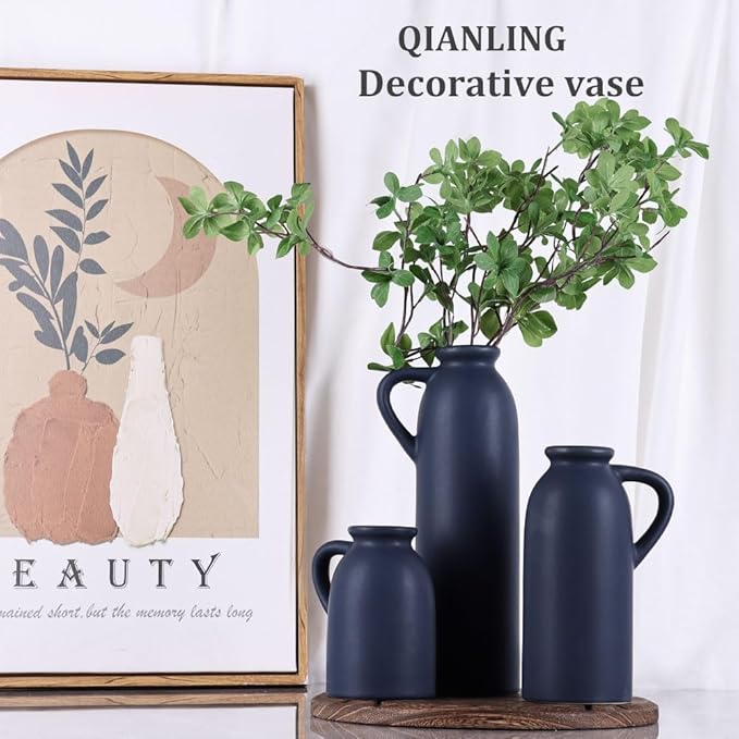 Blue Ceramic Vase with Handles Set - 3 Matte Blue Jug Vases, Farmhouse Country Flower Vase Home Decor, Living Room Decoration, Table Decoration, Fireplace Decor, and Entrance Decorations Centerpieces