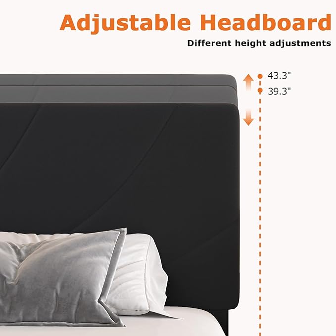 HOMBCK Full Size Bed Frame with Adiustable Headboard, Bed Frame Full with Linen Fabric Upholstered, Strong Wooden Slats, No Box Spring Needed, Noise Free, Easy Assembly, Black