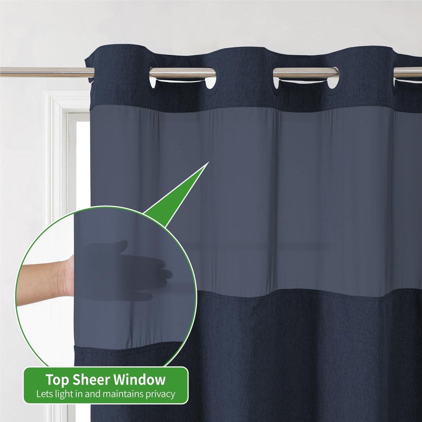 No Hooks Needed Linen Textured Shower Curtain with Snap-in Fabric Liner Set,Hotel Luxury Decor Waterproof Shower Curtains for Bathroom with Mesh Top Window,Washable,71Wx74H,Navy Blue