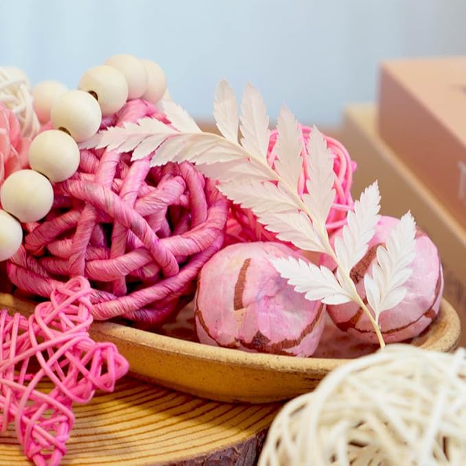 Qingbei Rina Pink Decorative Balls for Bowls, Assorted Vase Filler for Centerpieces, Wicker Rattan Balls Decorative Orbs Woven Spheres, Bowl Fillers for Home Decor