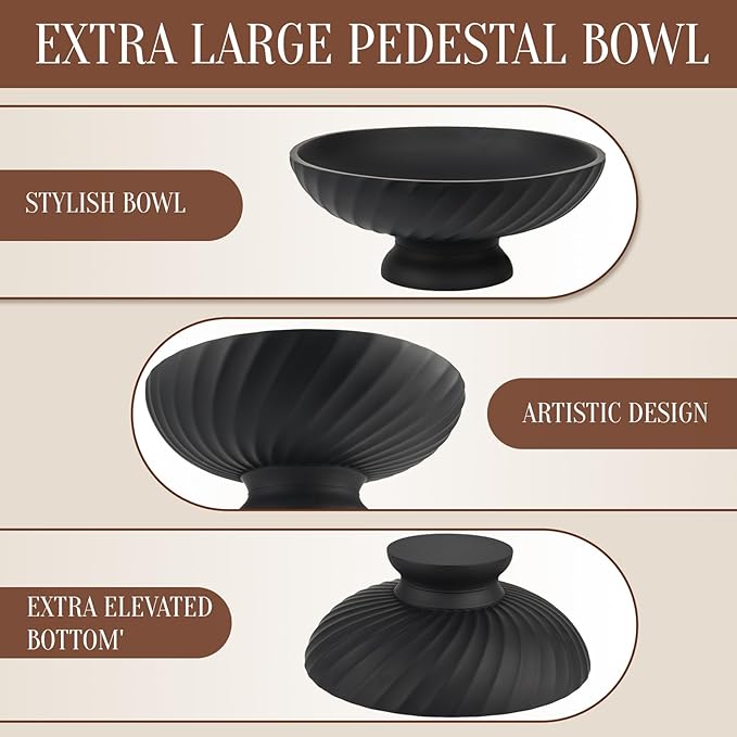 Large Resin Pedestal Decorative Bowl - Modern Fruit Bowl for Kitchen Counter - Handicraft Bowls for Home Decor - Key Bowl for Entry Table,Matte Black