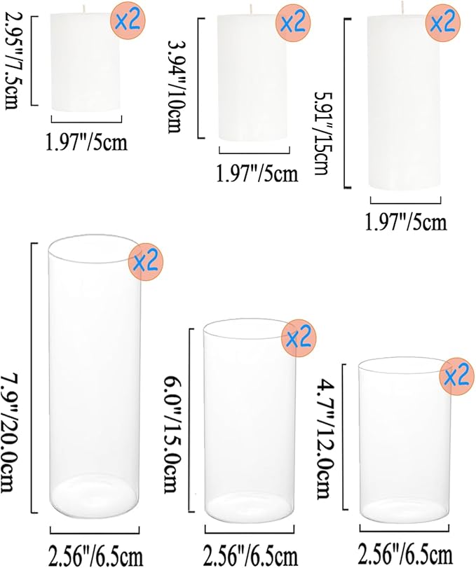 Set of 6 White Pillar Candles and Hurricane Candle Set, Clear Cylinder Vases Pillar Candle Holders for Pillar Candles, Glass Candle Holders for Party, Table, Home Decor, Wedding Centerpieces