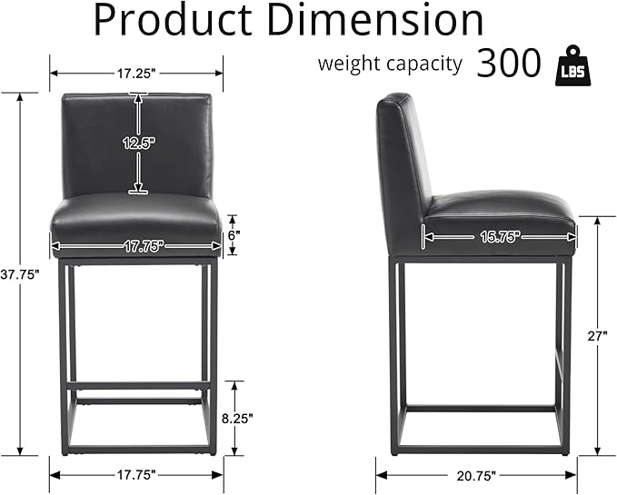 VESCASA Faux Leather 27 inches Counter Height Bar Stools with Padded Back, Modern Upholstered Counter Stool Chairs with Black Metal Frame for Kitchen Island, Set of 4, Black