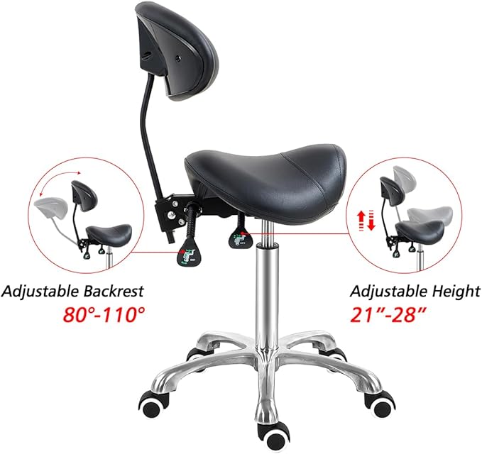 Antlu Saddle Stool Chair with Back Support, Ergonomic Esthetician Stool Chair for Salon Tattoo Spa Medical Dentist Clinic (with Backrest, Black)