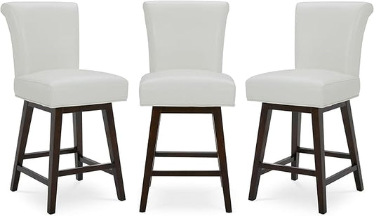 CHITA 26 Inch Counter Height Swivel Bar Stools Set of 3, FSC Certified Modern Upholstered Faux Leather Swivel Barstool Chair with Back, White