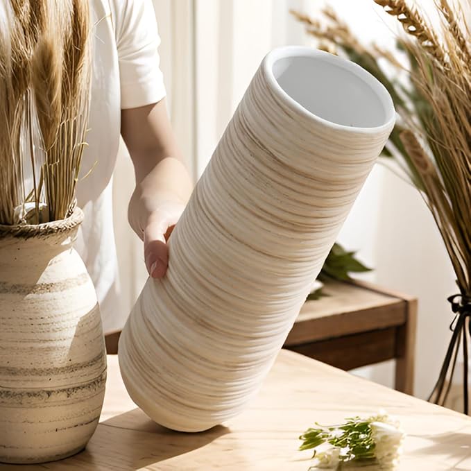 ALMA White Vessel 13 Inch Tall, Large Floor Vase for Wedding and Housewarming|Ceramic Pampas Grass Vase in Minimalist Modern Home Decor, Aesthetic Room Decor, Shelf Decor