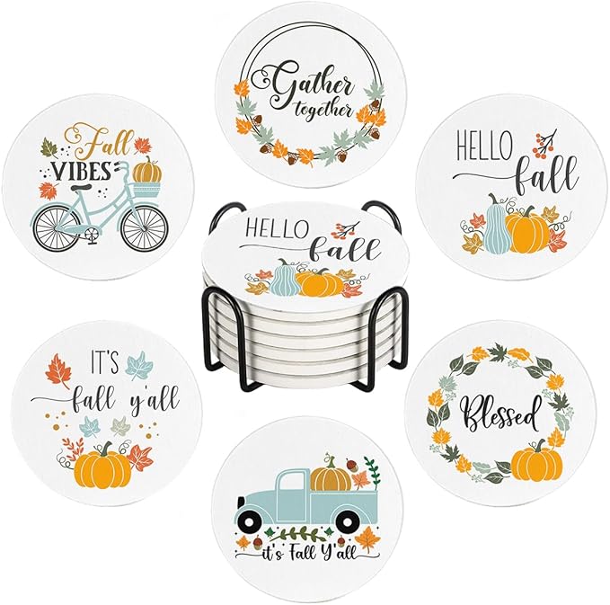 Fall Drink Absorbent Coasters with Holder Set of 6, Ceramic Stone with Cork Base, Autumn Orange and Blue Pumpkin Pattern Coaster for Drinks, Gift for Housewarming Room Bar Home Decor Kitchen
