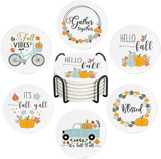 Fall Drink Absorbent Coasters with Holder Set of 6, Ceramic Stone with Cork Base, Autumn Orange and Blue Pumpkin Pattern Coaster for Drinks, Gift for Housewarming Room Bar Home Decor Kitchen