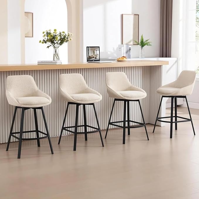 Zesthouse Swivel Bar Stools Set of 4, Modern Counter Height Barstools with Backs, 26'' Upholstered Linen Fabric High Chairs for Island Kitchen, Counter Height Chairs with Metal Legs, Beige