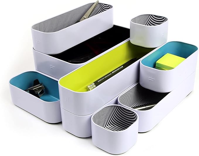 Three by Three Seattle 10 Piece Metal Organizer Tray Set for Storing Makeup, Stationery, Utensils, and More in Office Desk, Kitchen and Bathroom Drawers (2 Inch, Assorted Colors, Stripes)