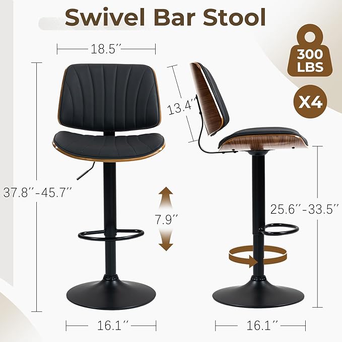 ECOTOUGE Swivel Bar Stools Set of 4, Adjustable Bentwood Barstools, 30 Inch Bar Stools for Kitchen Counter, Modern PU Leather Upholstered Bar Dining Chair with Back and Footrest, Black