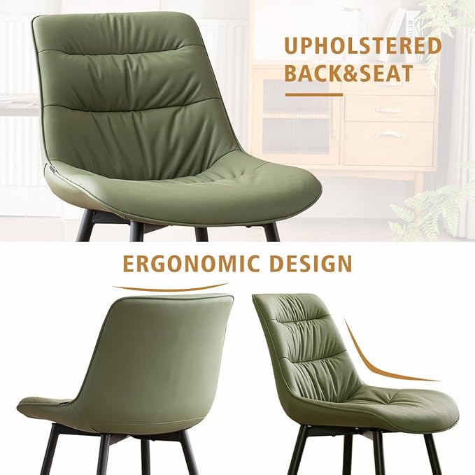 Kidol & Shellder Dining Chairs Set of 2, Modern Upholstered Faux Leather Kitchen Side Chairs with Comfortable Back - Mid-Century Armless Chair for Dining Living Room Bedrooms, with Metal Legs (Green)
