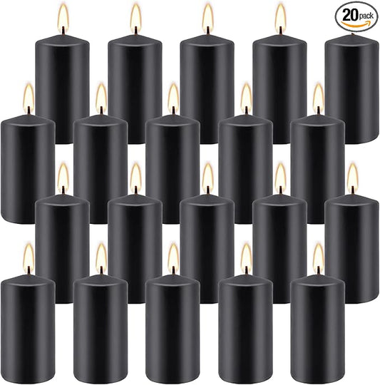 Set of 20 | 2-Inch Wide x 4-Inch Tall Black Pillar Candles - Elegant Décor for Home, Events, and Celebrations - Deep Black Finish
