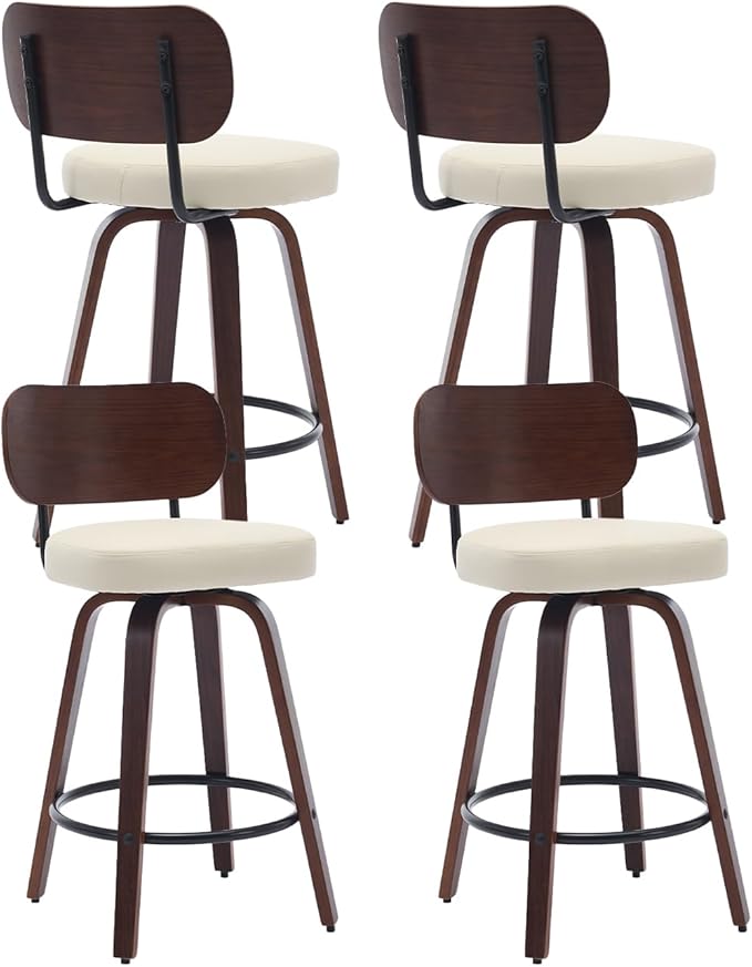 Counter Stools Set of 4, 26 inch Swivel Counter Height Bar Stools with Walnut Back,Upholstered PU Leather, Bentwood Legs, Mid Century Modern Bar Chairs for Kitchen Island, Beige