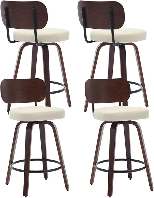 Counter Stools Set of 4, 26 inch Swivel Counter Height Bar Stools with Walnut Back,Upholstered PU Leather, Bentwood Legs, Mid Century Modern Bar Chairs for Kitchen Island, Beige