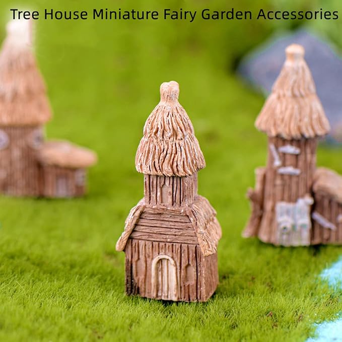 LONCESS Tree House Miniature Fairy Garden Accessories, Mini Vintage House Fairy Garden Decor, House Ornaments Kit Fairy Garden Supplies for DIY, Accessories, Home Micro Landscape Decoration, 4 Pieces