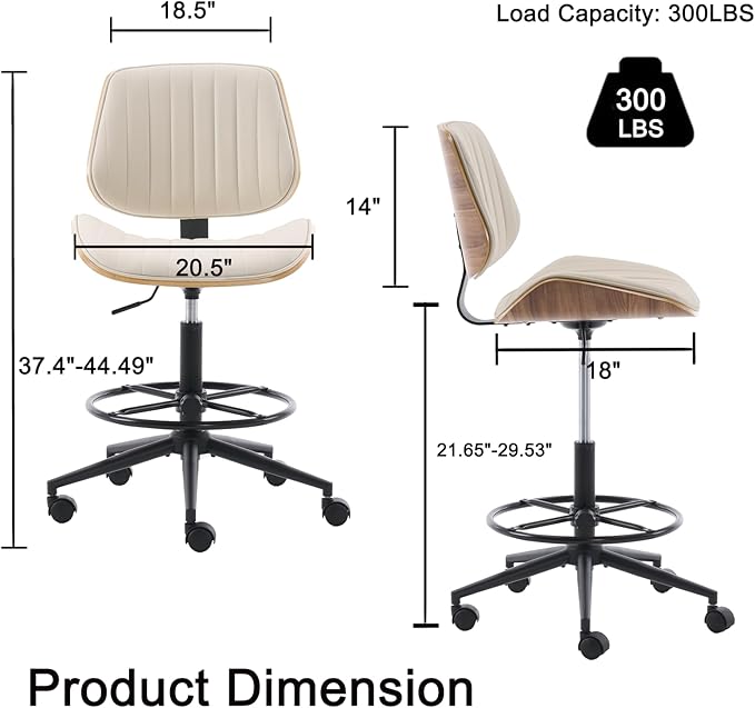 Drafting Home Office Chair, Swivel Desk Chair with Bend Wood Backrest, Ergonomic Office Chairs with Adjustable Height and Footrest Ring for Bar Lab Counter Height Desk and Drawing, Ivory