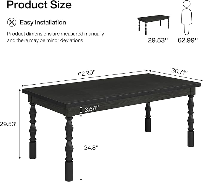 Tribesigns 62” Wood Dining Table for 4-6 People, Farmhouse Large Rectangle Kitchen Table, Modern Dinner Table Kitchen & Dining Room Furniture with Carved Turned Legs
