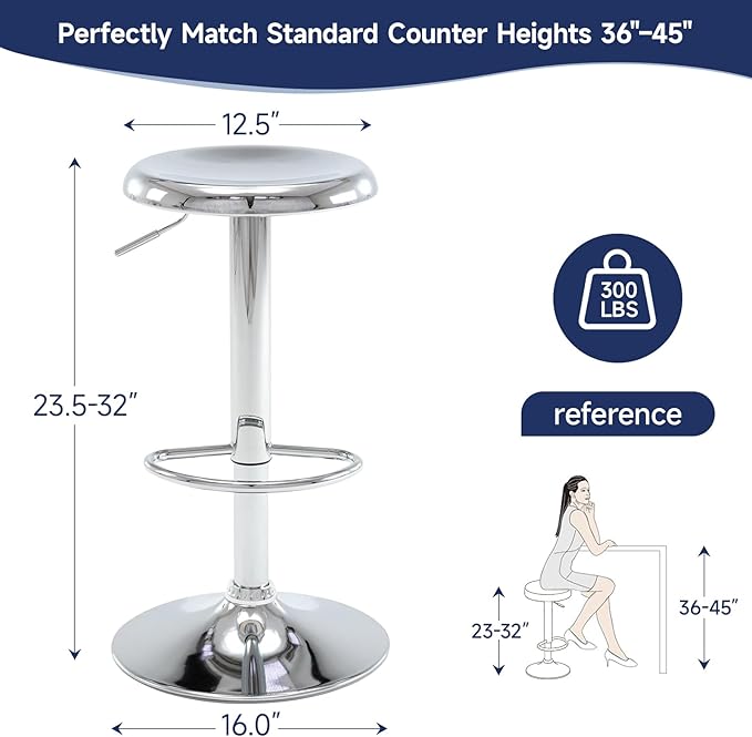 Bar Stools Set of 2, Adjustable Height Swivel Bar Stools, Metal Airlift Barstools, Backless Counter Height Bar Chairs for Kitchen Dining Room Pub Cafe (Silver)