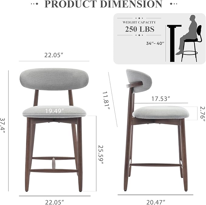 Upholstered Counter Height Bar Stools, Kitchen Island Stools with Back, Modern Counter Stools Chairs with Wood Legs for Kitchen Island Dining Room, Light Grey