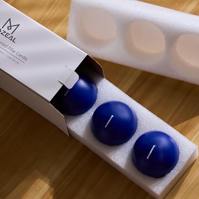 MOZEAL Hand-Poured, 3 Inch Royal Blue Round Ball Candles - Elegant Royal Blue Round Pillar Candles Set of 3, Dripless, Unscented, Smokeless, Ideal for Formal Events.