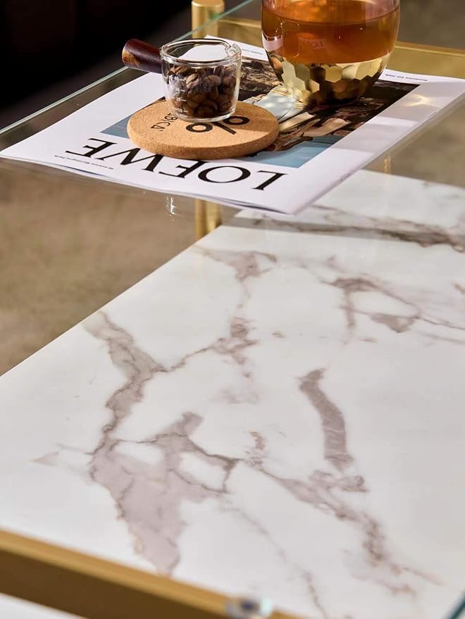 Shrine Rectangle Coffee Table, Mid-Century Modern Design, 2-Tier Structure, Clear Glass Top and White MDF Shelf, 41" D x 21" W x 17" H, Sleek Conical Metal Legs with Gold Finish