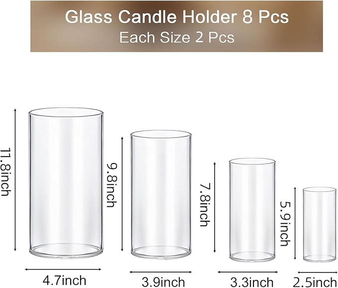 PHOSPHOR 8 PCS Glass Candle Holder, Hurricane Candle Hoder, Glass Pillar Candle Holder, Clear Cylinder Candleholder Cylinder Vase for Centerpieces Wedding Party Decoration