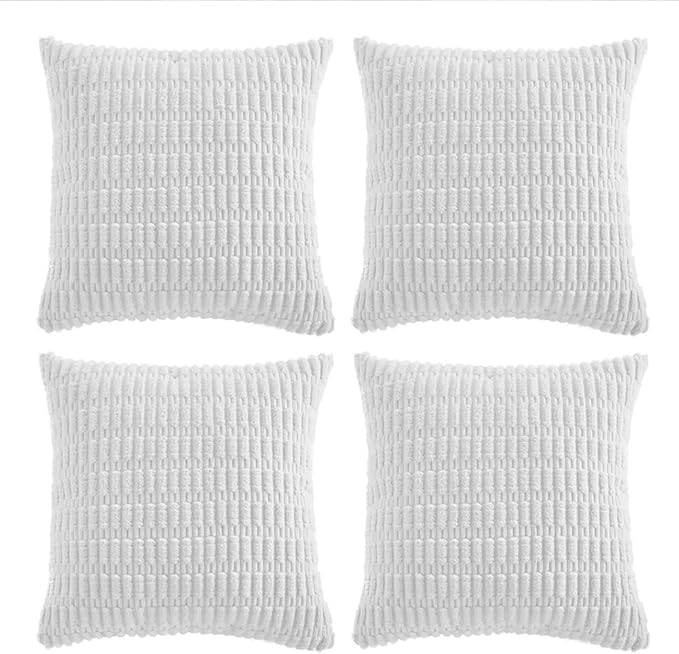 Fancy Homi 4 Packs Pure White Decorative Throw Pillow Covers 14x14 Inch for Living Room Couch Bed, Rustic Modern Farmhouse Boho Home Decor, Soft Plush Corduroy Cute Accent Square Cushion Case 35x35 cm