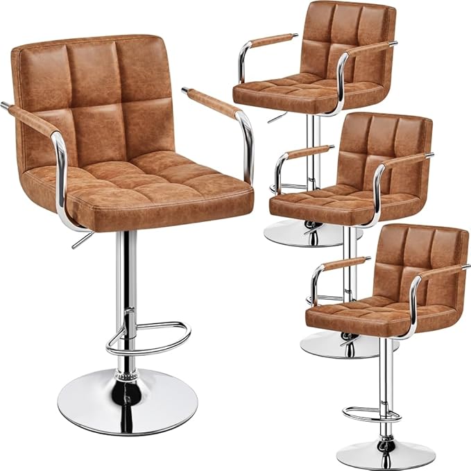 Yaheetech Bart Stools Set of 4, PU Leather Adjustable Barstools with Armrest, Counter Height Stool Chairs with Thickened Seat Cushion for Kitchen Island, Retro Brown