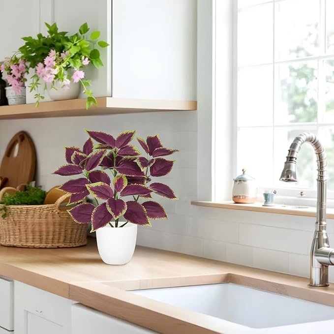 Artificial Plants Indoor 14.2" Small Fake Perilla Plant in Pot Potted Plants Artificial Decor Faux House Plant with White Pot for Farmhouse Home Office Bathroom Living Room Table Shelf Decor