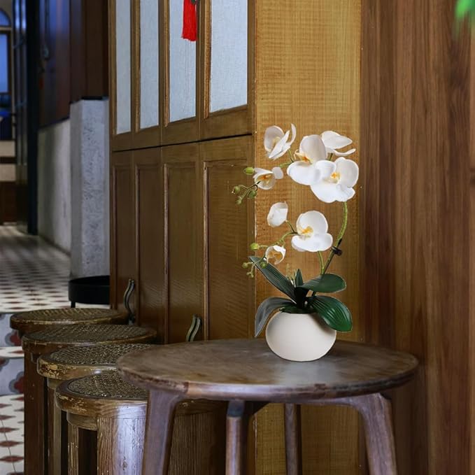 LESING Artificial Potted Orchid Flower for Table Centerpieces,Real Touch White Fake Orchid Flowers in Vase for Home Decoration (Style 5,White)