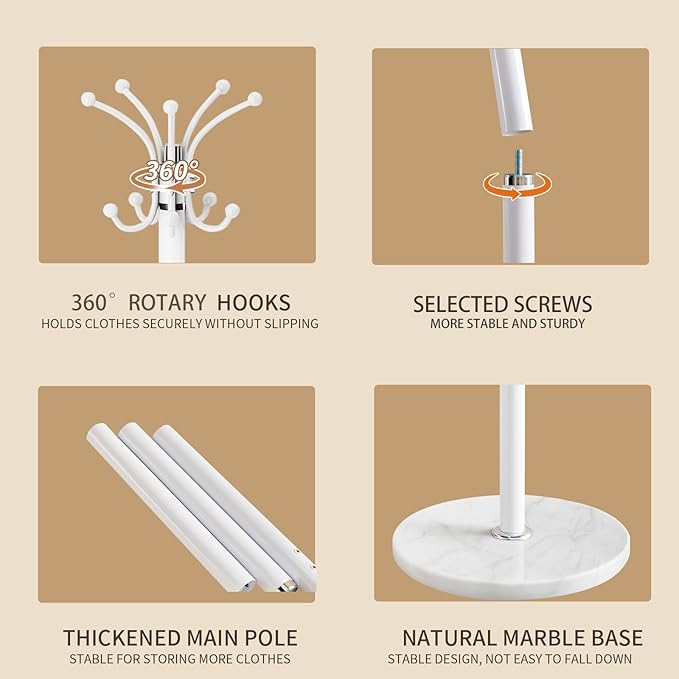 Metal Heavy Duty Coat Rack Stand, Modern 360° Roraty Freestanding Coat Rack with Natural Marble Base, White Coat Racks Hall Tree Hanger Stand with 16 Hooks for Entryway, Office