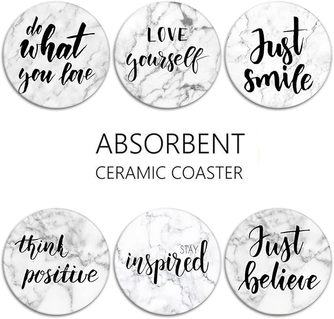 Britimes Coaster for Drinks Set of 6, Marble What You Love Inspirational Absorbent Round Ceramic Stone Mat, with Cork Base and Metal Holder, Gift for Housewarming Room Bar Decor