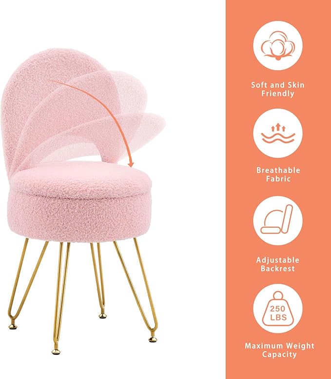 Storage Ottoman Vanity Stool Chair with Folding Back Teddy Velvet Makeup Chair Multifunctional Upholstered Footstool,4 Metal Legs with Anti-Slip Feet for Bedroom Living Room Entryway