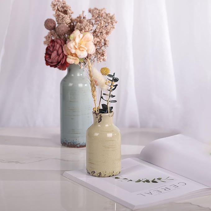 Multicolor Ceramic Vase Set of 3 - Coastal Rustic Farmhouse Decor Flower Vases for Shelf, Dining Room Table, Fireplace Mantel, Living Room, Coffee Table, Tabletop, Kitchen Cabinet, Entryway Decoration