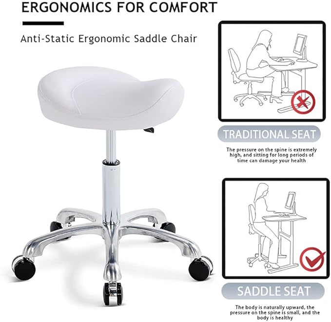 Saddle Stool Rolling Swivel Height Adjustable with Wheels. Saddle Chair Salon, Spa, Tattoo, Pedicure, Massage -Esthetician Chair(White)