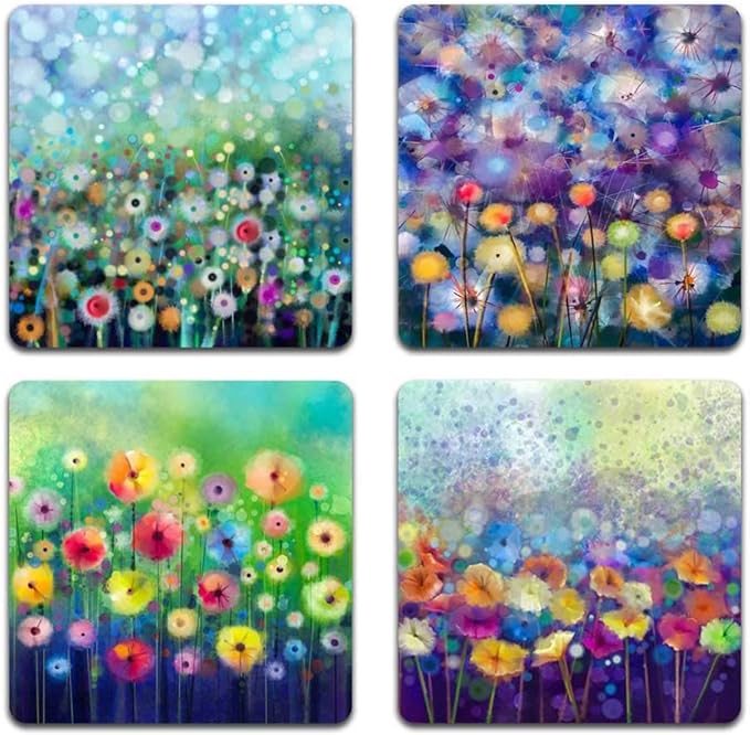 Beautiful Watercolor Flowers Square Coaster Set - Made of Recycled Rubber - Set of 4