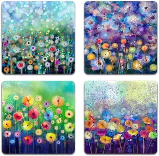Beautiful Watercolor Flowers Square Coaster Set - Made of Recycled Rubber - Set of 4