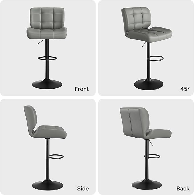 Modern Bar Stools Set of 2, Upholstered Faux Leather Swivel Bar Stools, Adjustable Counter Height Bar Chairs with High Back and Footrest for Kitchen Island (Dark Grey)