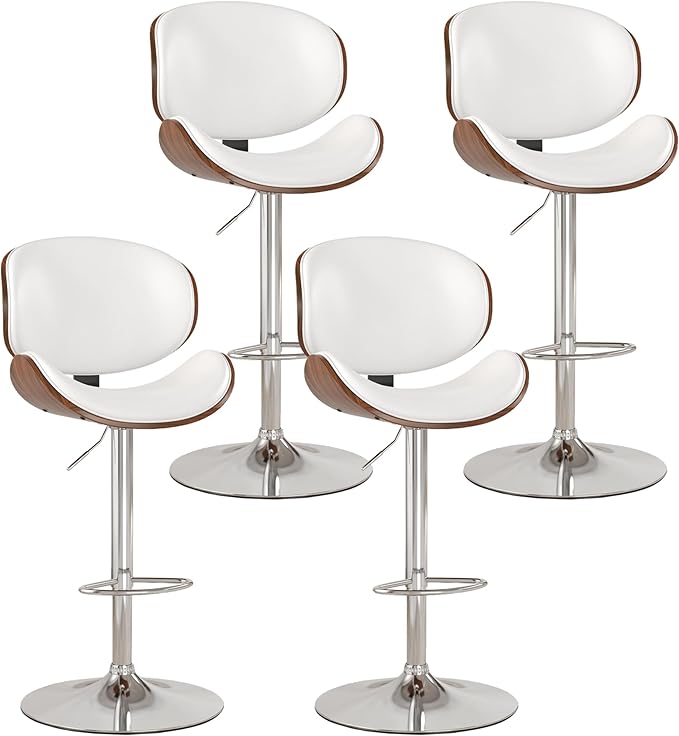 KCC Bar Stools Set of 4, Swivel Adjustable Height Barstools, PU Leather Upholstered Bar Chairs with Footrest, Bentwood Bar Stool for Kitchen, Bar, Dining Room(White PU)
