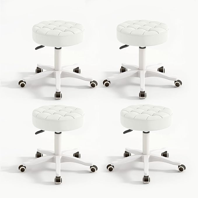 Small Chair Round Rolling Stool with Wheels PU Leather Height Adjustable Swivel Drafting Work SPA Salon Stools Home Office Chair,4 Pack