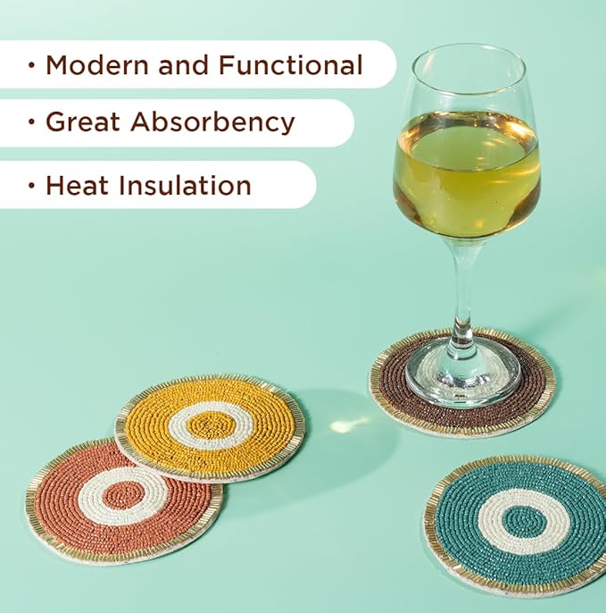 Folkulture Fall Beaded Coasters for Drinks | Set of 4 (4") Round Decorative Bar Coasters for Table Décorations | Cute Boho Coaster Set for Cocktail | Modern Coaster for Coffee Table | Evil Eye Decor