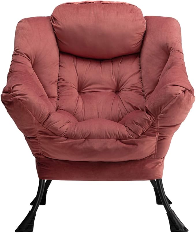 HollyHOME Modern Fabric Large Lazy Chair, Accent Oversized Comfy Reading Chair, Thick Padded Cozy Lounge Chair with Armrest, Steel Frame Leisure Sofa Chair for Living Room, Bedroom, Dorm, Dusty Rose