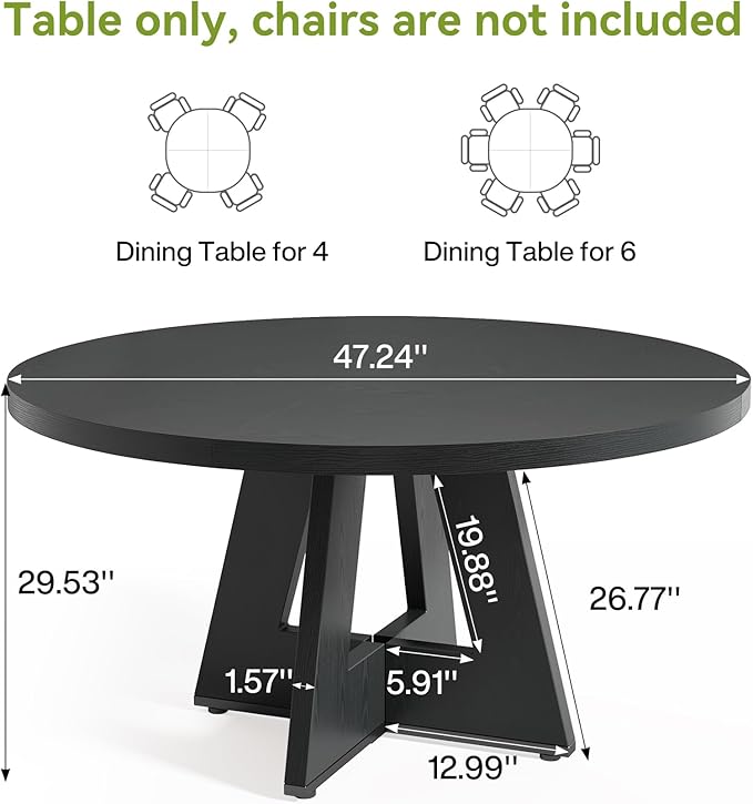 LITTLE TREE Round Dining Table for 4-6, 47 Inches with Wooden Pedestal Base, Black Dinner Table for Dining Room, Kitchen, Living Room